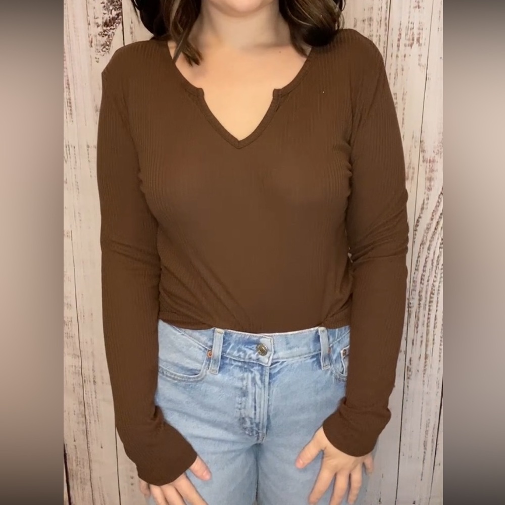 Brown Ribbed Long Sleeve Top